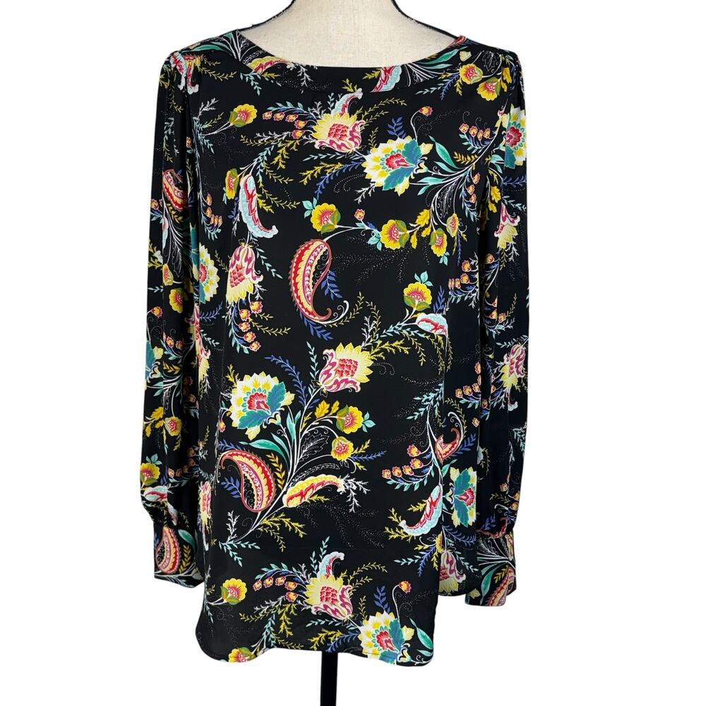 LOFT Medium Top Floral Paisley Keyhole Round Neck Semi-Sheer Balloon Sleeves